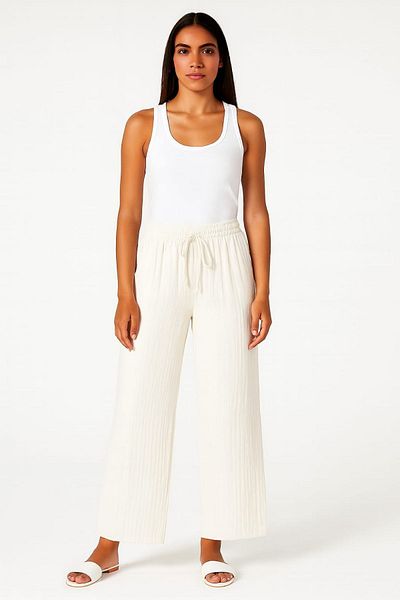 enmodaiçgiyim Ecru 100% Cotton Muslin Fabric Wide Leg Comfortable Fit Women's Trousers with Two Pockets