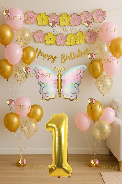 LOTUS PARTY Macaron Floral Gold Butterfly Birthday Set Macaron Banner Gold Number Multicolored Butterfly 1 Year Old