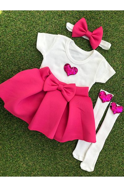 kokosh _ kidss burcu sapmaz Girl's Fuchsia Color Heart Figure Skirt Set