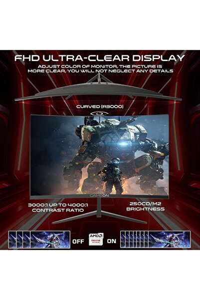GAMEON شاشة ألعاب منحنية مقاس 27 بوصة، دقة FHD 1080 بكسل، 120 هرتز، وقت استجابة 1 مللي ثانية، FreeSync، VRR، HDMI 2.1، VGA، Bu