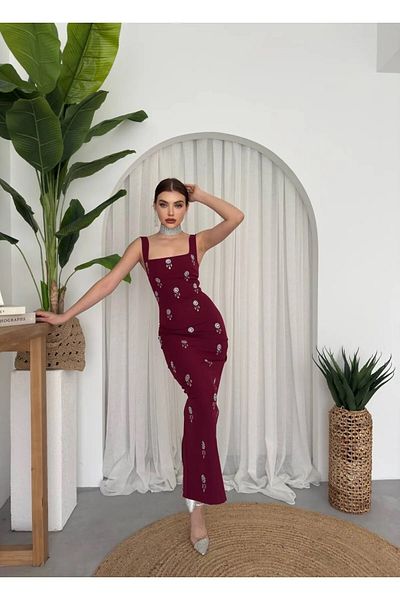 Zoe Zoe Mona Stone Embroidered Thick Strap Midi Dress Black
