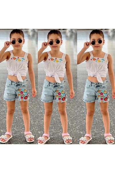 DUDOR KİDS Girl's Flower Embroidered Denim Shorts (Choose One Size Bigger)