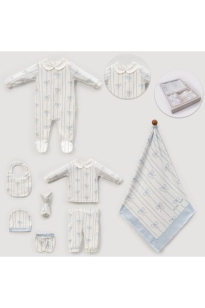 PARK BEBE 0-3 Months Bow Patterned Striped Boxed Hospital Exit Set for Girl and Boy Baby