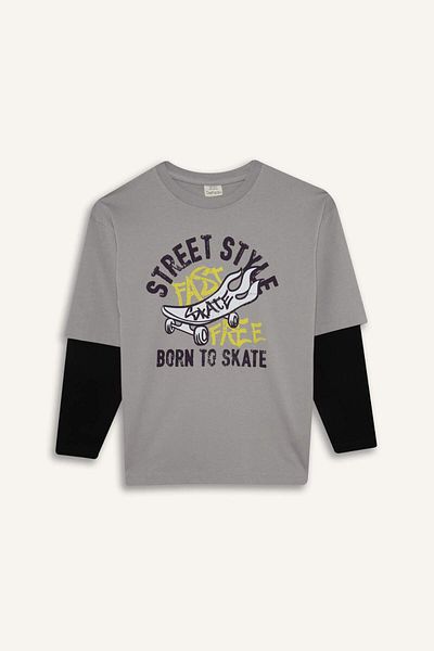 DeFacto Boy's Oversize Wide Fit Crew Neck Printed Long Sleeve T-Shirt E9590A825Au