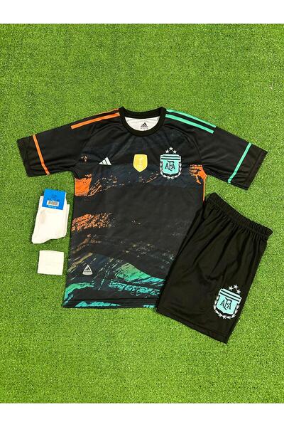 BARBITOS Argentina Lionel Messi National Team Black Kids Jersey Set of 4(Socks Wristband Gift)-Zp02