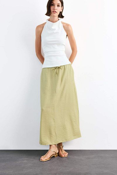 DeFacto Relax Fit Elastic Waist Crinkle Fabric Midi Skirt G1093Ax25Sm