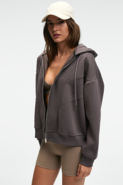 GRIMELANGE VYSELLE Kadın Önü Kesikli Metal Fermuarlı Kapüşonlu Etiket Detaylı Oversize Antrasit Sweatshirt