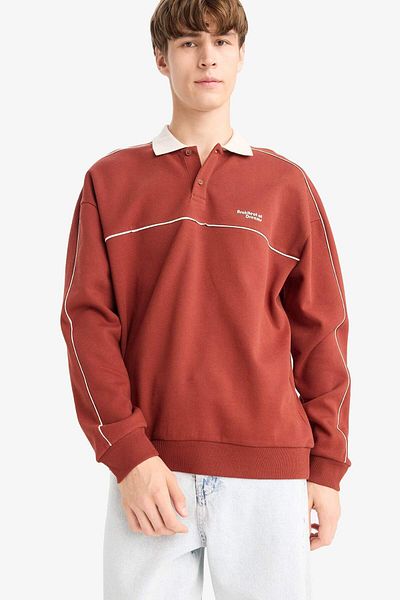 DeFacto Boxy Fit Relaxed Cut Polo Neck Printed Sweatshirt F0116Ax25Au