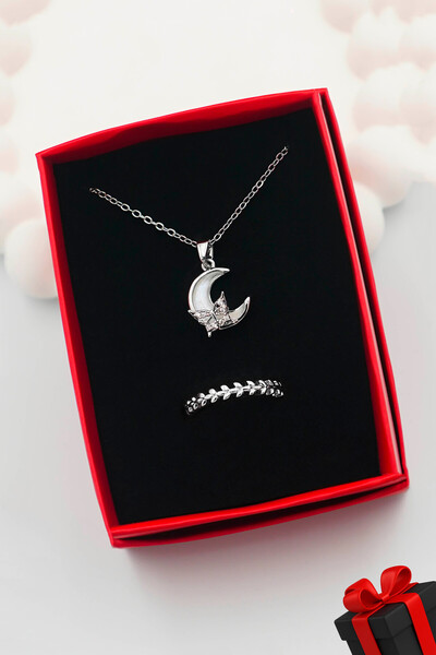 TREND COLLECTİON 316L Çelik Ay Kadın Kolye ve Ayarlanabilir Yüzük Set (kutulu)