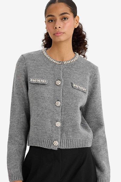 DeFacto Regular Fit Crew Neck Embroidered Cardigan F3896Ax25Wn