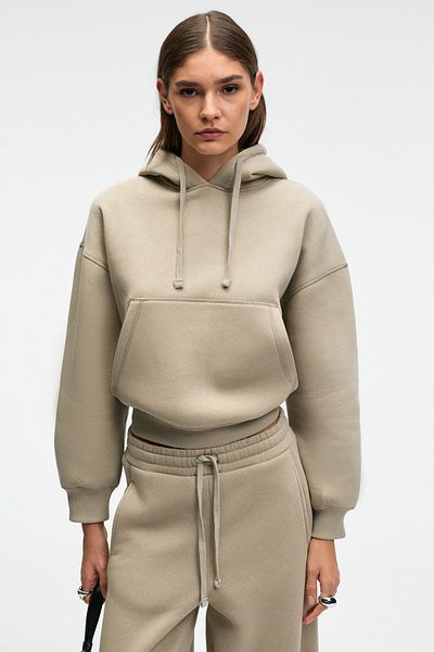 GRIMELANGE Selene women's Hooded kangaroo pocket regular fit stone color sweatshirt