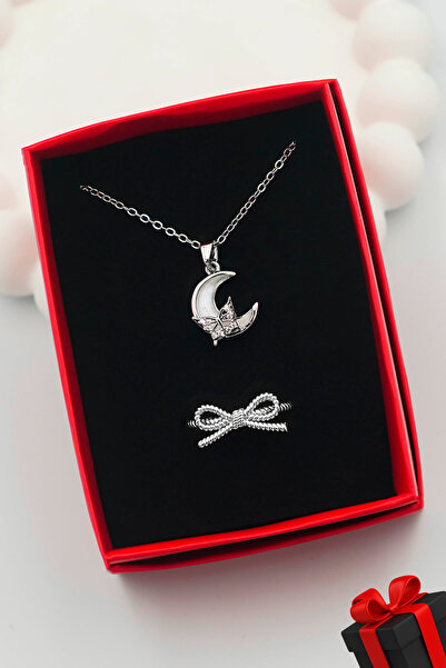 TREND COLLECTİON 316L Çelik Ay Kadın Kolye ve Ayarlanabilir Fiyonk Yüzük Set ...