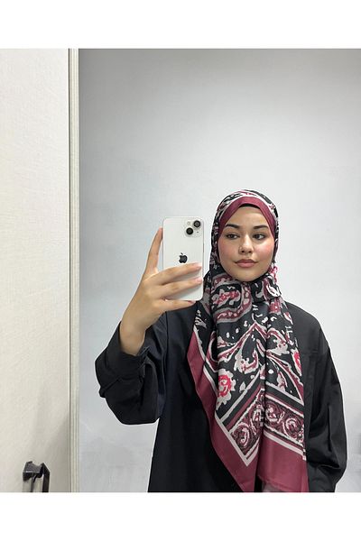 AMİNENESİL Ethnic Pattern Black Burgundy Color Soft Cotton Shawl