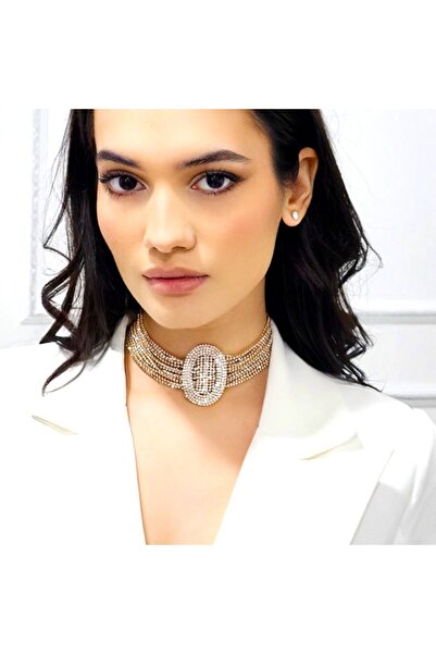 FashionForYou 2NA Occasion Accessories Set, Wide Necklace with Adjustable Closure and Matching Earrings, Auriu