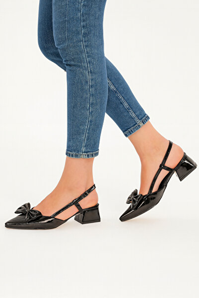 adelix Kadın Rugan Fiyonk Detaylı Slingback Topuklu Stiletto Ayakkabı Siyah