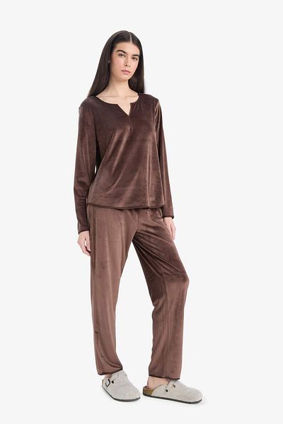 DeFacto Pajama Sets Regular Fit Long Sleeve Velur Top Long Bottom-Fall in Love A3356Ax25Au