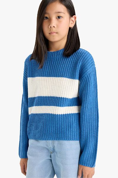 DeFacto Girls' Standard Fit Crew Neck Striped Sweater E7735A825Au