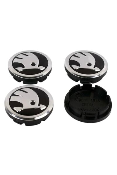 OEM Σετ 4 καπάκια 56mm, SKODA, Μαύρο-Ασημί, για ζάντες αλουμινίου