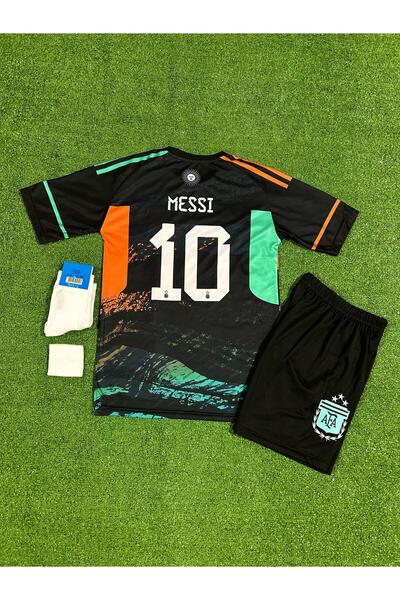 BARBITOS Argentina Lionel Messi National Team Black Kids Jersey Set of 4(Socks Wristband Gift)-Zp02