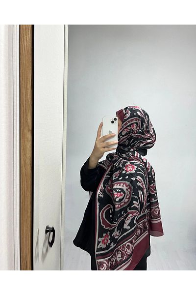 AMİNENESİL Ethnic Pattern Black Burgundy Color Soft Cotton Shawl