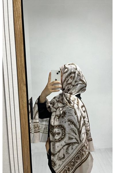 AMİNENESİL Ethnic Pattern Pinhead Coffee Color Soft Cotton Shawl