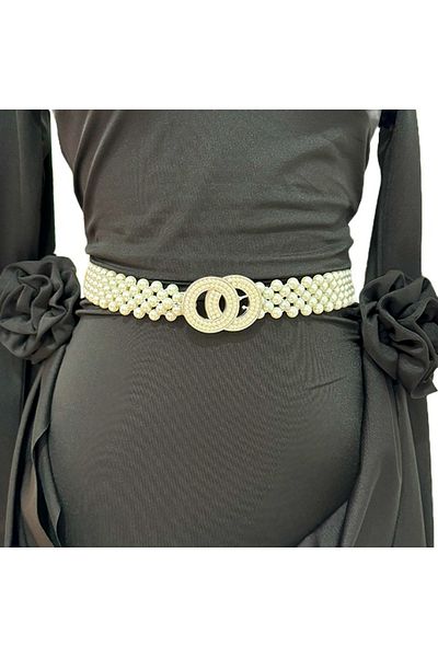 FashionForYou Pearly elastic belt, decorative metal buckle and pearls, Infinity Ecru