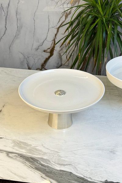 MAY HOME Porcelain Silver Footed Plate & Cake Cookie Pastry Presentation Plate Service 27 cm (Washable)