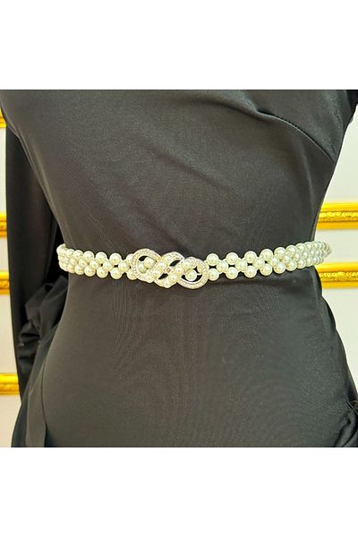FashionForYou Elastic belt with TYE pearls, decorative Infinity buckle and crystals, White