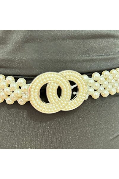 FashionForYou Pearly elastic belt, decorative metal buckle and pearls, Infinity Ecru