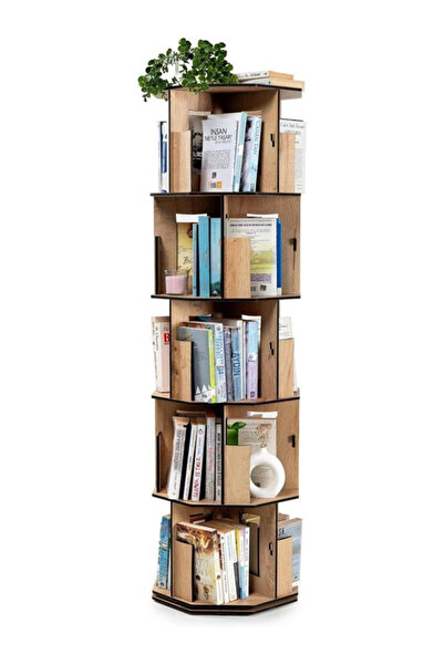 AyrStore 360° Döner Kitaplık – Modern ve Dekoratif Çok Katmanlı Ahşap Kitap ve Dergi Rafı (Meşe, 5