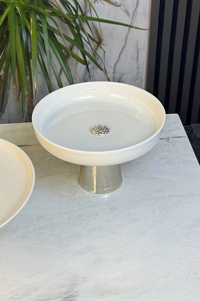 MAY HOME Porcelain Silver Footed Bowl & Salad Fruit Appetizer Presentation Serving 26 cm (Washable)
