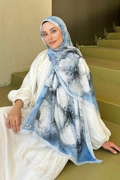 lamelif Bohemian Flower Pattern Soft Shawl Ice Blue