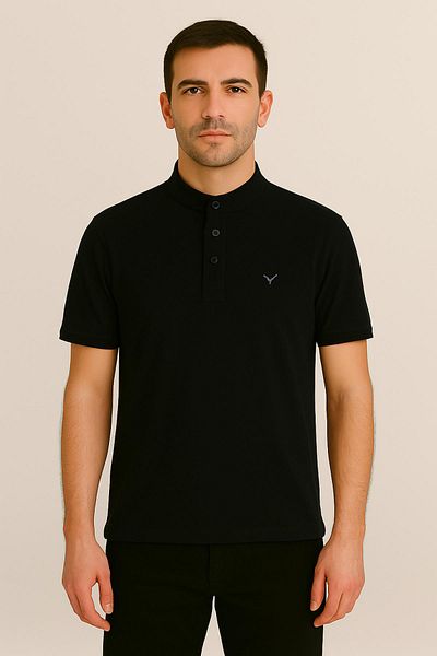 Maccali Men's Short Sleeve Judge Collar Summer Black Loose T-Shirt