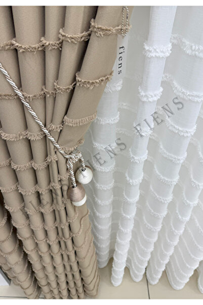 FİENS VİZON İTALYAN FON PERDE ŞERİTLİ PÜSKÜLLÜ KETEN 1/3 Sık Ütüistemez Broco...