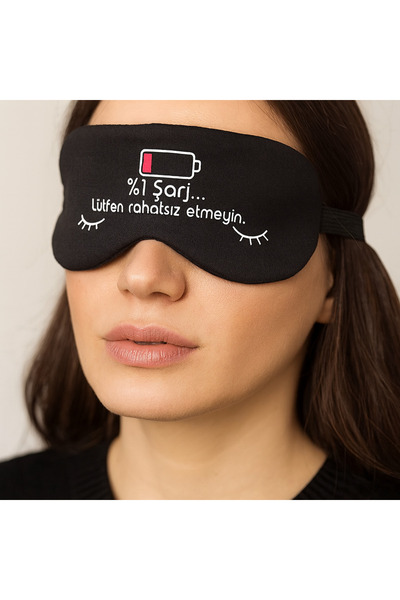 BeyzHal Siyah Baskılı Işık Geçirmez Yumuşak Uyku Bandı - '%1 şarj... Lütfen R...