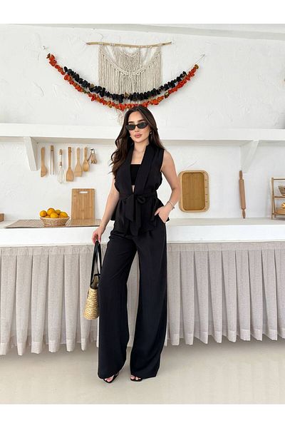 Ecenin Favorileri Black Belted Vest and Pants Women's Bottom - Top Set