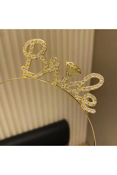 SAVA HOME COLLECTİON Gold Colored Stone'Bride' Bridal Tiara - with Handwritten Font