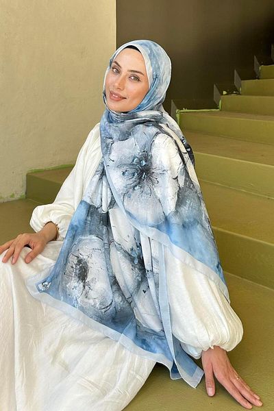 lamelif Bohemian Flower Pattern Soft Shawl Ice Blue
