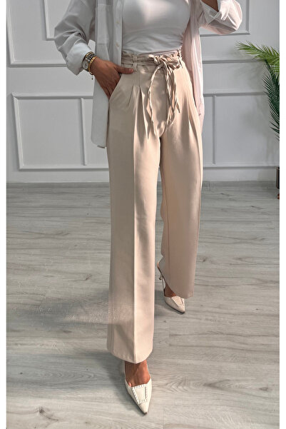 DESTEMODA Women's Bell Belt Rope Detailed Palazzo Trousers Stone Color 2501