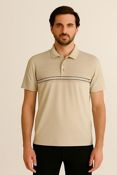 Maccali Men's Short Sleeve Striped Summer Cream Polo Neck T-Shirt