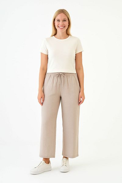 enmodaiçgiyim Stone Color 100% Cotton Muslin Fabric Wide Leg Comfortable Fit Women's Trousers with Two Pockets