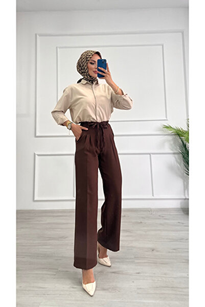 DESTEMODA Women's Bell Belt Rope Detailed Palazzo Trousers Brown 2501