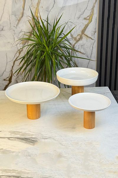 MAY HOME Set of 3 Porcelain Plates and Bowls with Wooden Legs & Cake Cookie Cake Salad Fruit Appetizer Serving