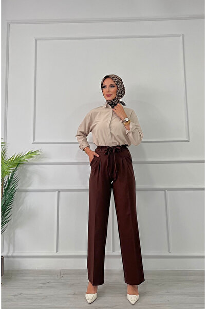 DESTEMODA Women's Bell Belt Rope Detailed Palazzo Trousers Brown 2501
