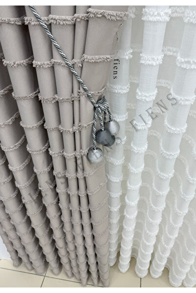 FİENS TAŞ İTALYAN FON PERDE ŞERİTLİ PÜSKÜLLÜ KETEN 1/3 Sık Ütüistemez Brocol ...