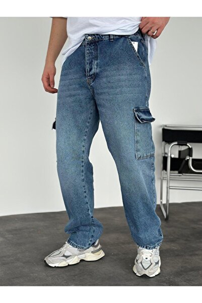 KağanKY Blugi largi buzunar cargo albastru spălat