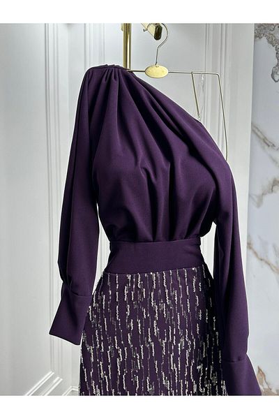HOOR AL-YASMEEN Turquoise one-shoulder dress with shimmering embroidery