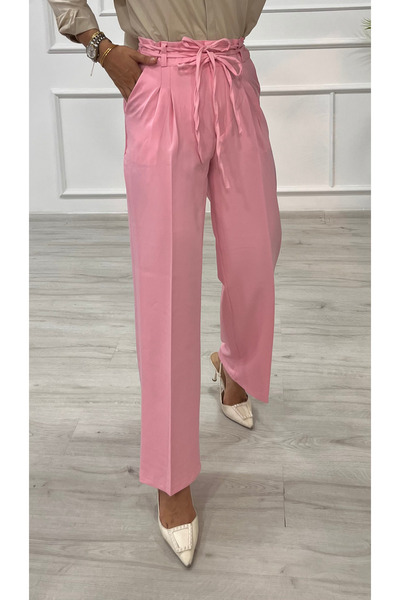DESTEMODA Women's Bell Belt Rope Detailed Palazzo Trousers Pink 2501