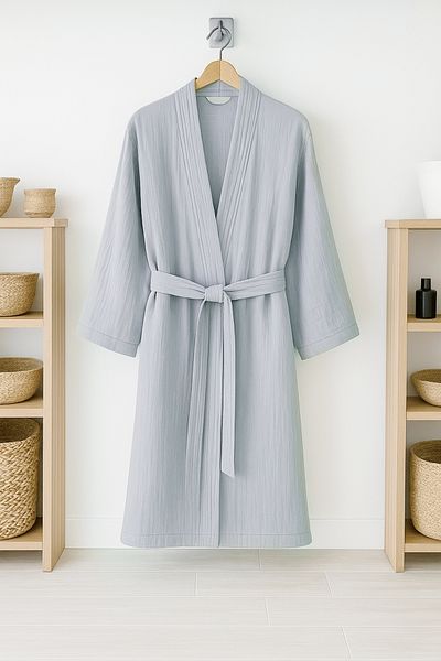 CollessiaHome 100% Organic Cotton Double Layer Large Size Dressing Gown Muslin Kimono Bathrobe 3XL(42-48 Compatible)