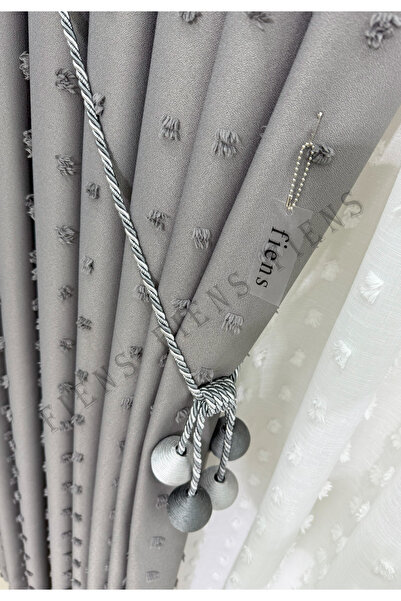 FİENS GRİ PUFDY FON PERDE PONPON PÜSKÜLLÜ KETEN 1/3 Sık Ütüistemez Brocol Hediyeli Tercih Edilen (TEK)